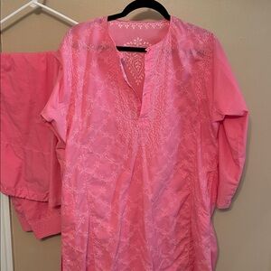 Sari Lounge Set Pink Embroidered Tunic Top with Pants